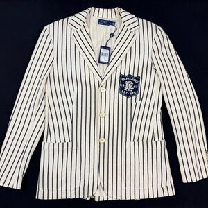 Polo Ralph Lauren Women’s Striped Cotton Knit Blazer Sz 2 Cream/Navy Crest